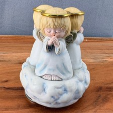 Vintage Revolving Angel Music Box Three Praying Cherubs on Cloud Figurine picture