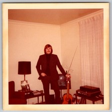 Vtg Color Snapshot 1970s Man Suit Mustache Living Room Guitar Record Player TV picture