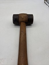 Antique Roundhead Wooden Mallet W Round Metal Rings 10x5” Leather Ends picture
