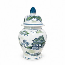 NEW Ceramic Ginger Jar Blue Green Landscape Lidded Chinoiserie Decor 10.5