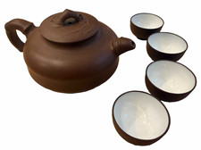 Vintage Chinese Yixing Zisha Teapot Set 4 Cups Bamboo Relief Stamped China picture