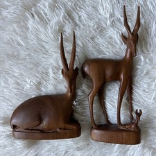 Kenyan Hand-Carved Teak Wood Antelopes (Gazelle Or Eland ) 9.75” and 7.5” picture