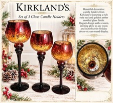 Kirkland’s Set of 3 Ruby Red & Gold Amber Glass Candle Holders Black Stems picture