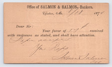 1874 Salmon & Salmon Bankers Postal Card Clinton MO to J.F. Ricker Quincy IL picture