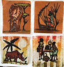 4 Vintage Multicolor African Wax Batik Fabric Art Tribal Village Life Signed picture