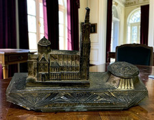 Antique French Art Deco Inkwell Stand Spelter Strasbourg Cathedral Souvenir picture