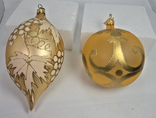 Gold Glitter Grape & Swirl w/Tags Varsovia Set of 2 Blow Glass Ornaments Poland picture