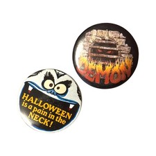Vintage 1982 American Greetings Halloween Pins Vampire Demon Badge Set 3 Inch picture