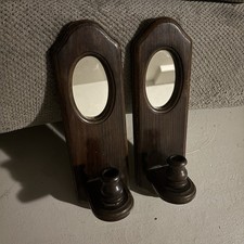 Vintage 70s Home Interior Wood Mirrored Wall Hanging Candle Wall Sconces Set picture