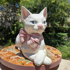 VTG Port O Cale Italy White Ceramic Cat Figurine Pink Plaid Bow Hand Painted MCM picture