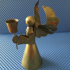 VTG Handmade Brass Angel Candelabra Candle Holder Religious Antique Xmas Decor picture