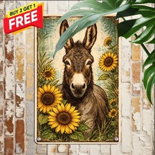 Rustic Donkey Sunflower Metal Sign Vintage Country Farmhouse Wall Plaque picture
