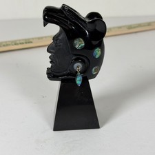 Vintage Teotihuacan Mexico Obsidian Aztec Jaguar Warrior Bust Abalone 925 Silver picture