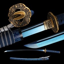 Hand Forged Japanese Samurai Sword Blue Flame Damascus Blued Full Tang picture
