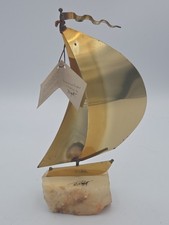 VTG John DeMott Signed Brass Sailboat Figurine Onyx Base Nautical Gift Artwork picture
