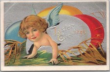 c1910s EASTER GREETINGS Embossed Postcard Angel Girl in Big Silver Egg / UNUSED picture