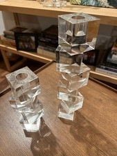 Vintage MCM Set 2 Heavy Crystal Candle Holders Graduated Faceted Geometric picture