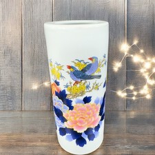Vintage Oriental Chinese Calligraphy Ceramic Vase Vessel Raised Paint Birds VTG picture