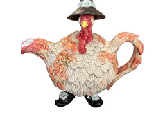 Vintage Fitz and Floyd Pilgrim's Progress 1990 Turkey Teapot Thanksgiving Tea picture