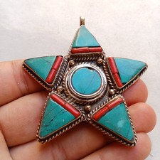 Ancient Vintage Victorian Sterling Silver Necklace Pendant Engraved Turquoise picture