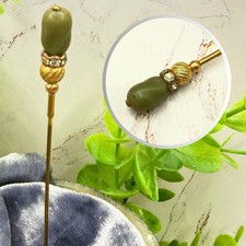 Small Olive Green Glass Clear Rhinestone Band Textured Gold Base Hatpin 6 Inch picture
