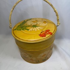 Vintage 70s Daisy Butterfly Tin Sewing Basket Yellow Orange Felt Mirror 6x7.5 picture