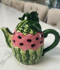 Vintage Cracker Barrel 1996 Watermelon Ceramic Hand paint Teapot w/Lid 5.5' NEW picture