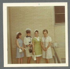Vintage 1960s Color Photo FOUR LOVELY DRESSED UP LADIES POSING BY BRICK WALL picture