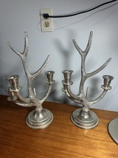 Zodax Antler Branch 3-Light Candelabra Pair Silver Tone Taper Candle Holders picture