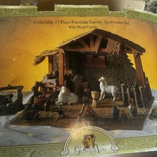 Grandeur Noel 17 Piece Porcelain Nativity Accessories Set Wood Creche Christmas picture