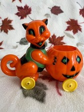 Vintage 1950's Rosbro Halloween Cat/Jack-O-Lantern Rolling Wheels Candy Holder picture
