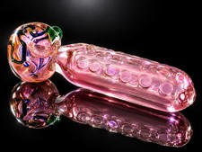 Heavy Thick Glass Hand Pipe Pink Textured Blue Green Swirl Art picture