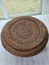 Hand Woven Rattan Round Lidded Basket Vintage Brown Storage picture