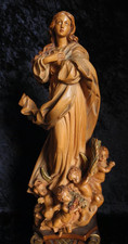 VINTAGE HAND-CARVED LINDENWOOD IMMACULATE CONCEPTION MADONNA VIRGIN MARY STATUE picture