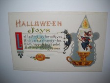 HALLOWEEN JOYS SPELL FROM WITCH & CAT antique unused embossed postcard CHROMO picture