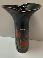 Vintage Black Porcelain Red Poppy Vase 10.75 In picture