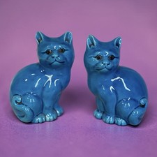 Vintage Blue Glazed Ceramic Cat Figurines Pair Mid Century Modern Shelf Sitters picture