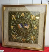 Antique WWI Souvenir de France Silk Embroidery Framed Crossed Flags 24” x 24” picture