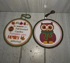 Vintage Ceramic Owl Trivet & Fall Is The Season Rope Trim Cork Backing Set Of 2 picture