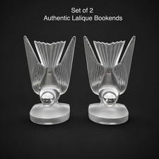 Vtg Lalique Hirondelles Swallow Crystal Bookends Pair Signed France - Decor picture