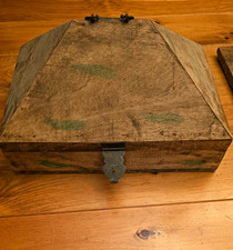 Vintage Rustic Wooden Storage Box w/ Lid, Metal Handle & Latch, Brown/Green picture
