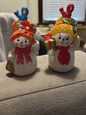 Vintage Napco Snowman Couple Christmas Bells Figurines Japan Bird on Bonnet picture