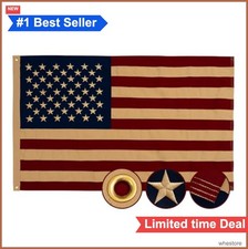 Vintage American Flag 3x5 Ft Cotton Tea Stained Embroidered Stars Sewn Stripes picture