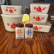 1930s Complete McKee refrigerator set with drippings jar, mixing bowl & shakers picture