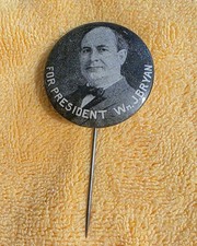 1896 Wm J Bryan For President Celluloid Stickpin Campaign Lapel Pin Vintage picture
