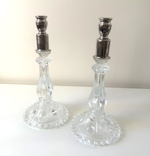Vintage Clear Pressed Glass Candlestick Holders Silver Tone Tops Pair 11.5