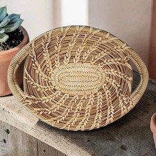 Vtg Native American Papago Tohono O'odham Double Handle Woven Basket 12.75