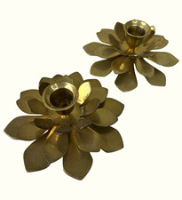 Vintage Pair of Brass Lotus Flower Candle Holders 5.75” picture