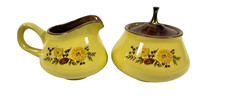 Taylor Smith Taylor Design 70 Indian Summer Creamer & Sugar Bowl w/ Wood Lid VTG picture