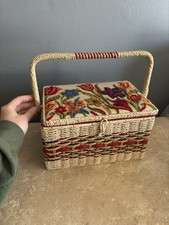 Vintage 1970s JC Penney Woven Sewing Basket | Floral Tapestry Lid Japan picture